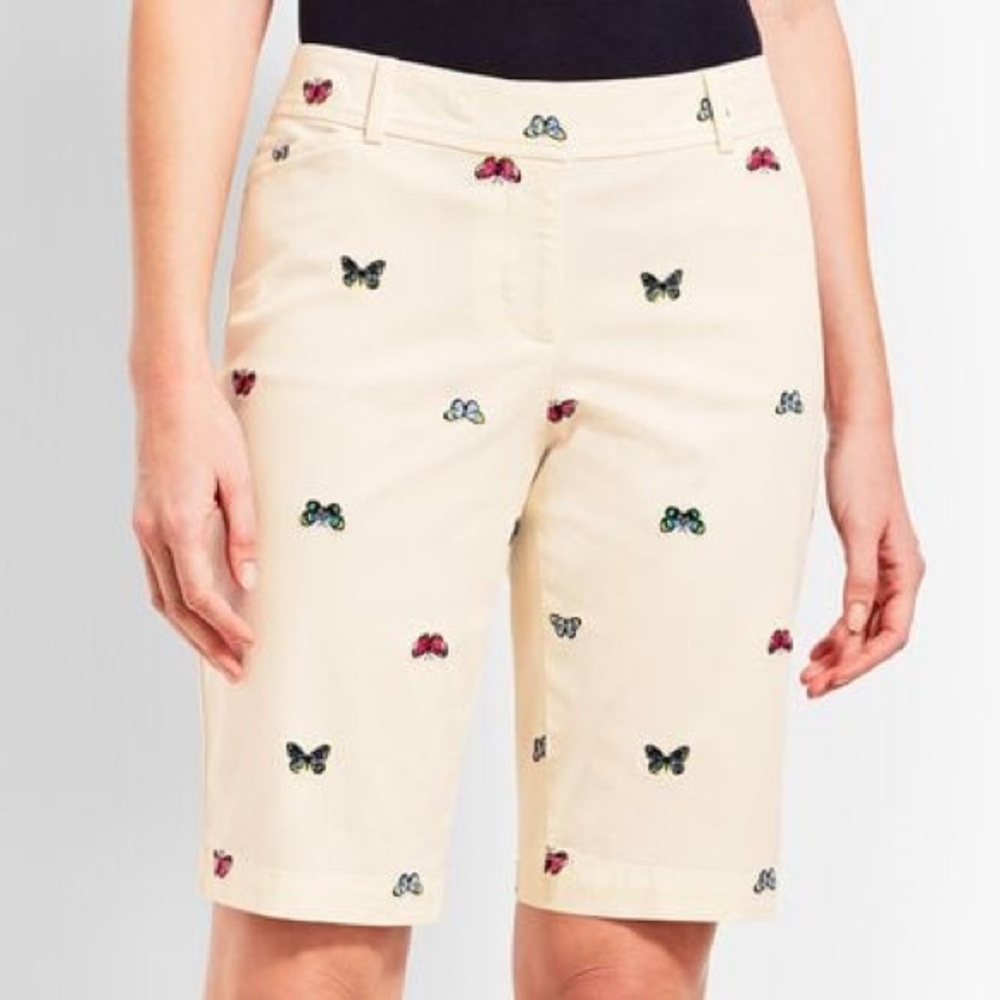 Talbots Cream Off-White Embroidered Butterfly Perfect Short 10.5" (Size‎ 16)
